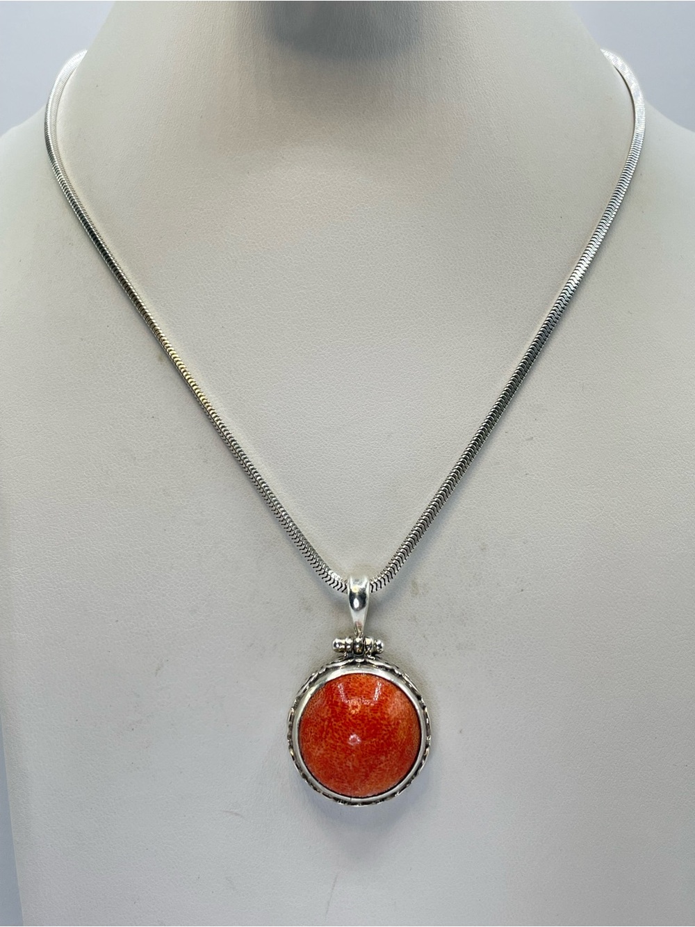 925 Sterling Silver Red Coral Pendant Necklace Vintage Scroll Statement